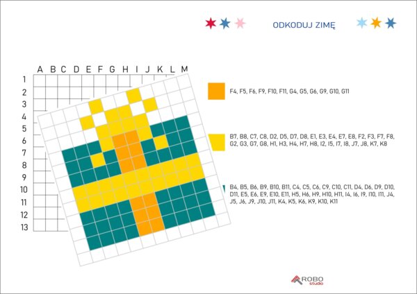 Kodowanka zimowa, świąteczna, prezent, Mikołaj, Boże Narodzenie, zima, odkoduj zimę, kodowanie łatwe, pixel art