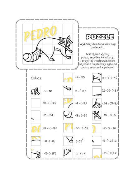 Powtórzenie wiadomości - liczby całkowite. Klasa 5, 6 - puzzle Pedro
