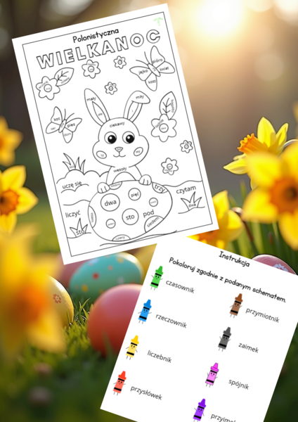 Części mowy - kolorowanka, Wielkanoc, egzamin ósmoklasisty