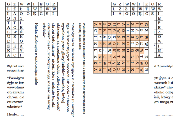 Wykreślanka dla klasy 6 na podsumowanie lekcji o nicieniach