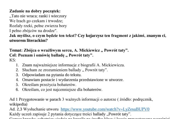 scenariusz lekcji z wykorzystaniem strategii OK, A. Mickiewicz  " Powrót taty"