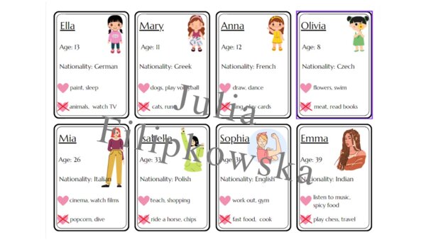 Gramatyka/ Like/ Gerund/ Basic information/ Gra/ Gra uniwersalna/ Gra językowa/ Karty obrazkowe/ Zabawa/ Dzieci/ Warm-up/ Rozgrzewka/ Słownictwo