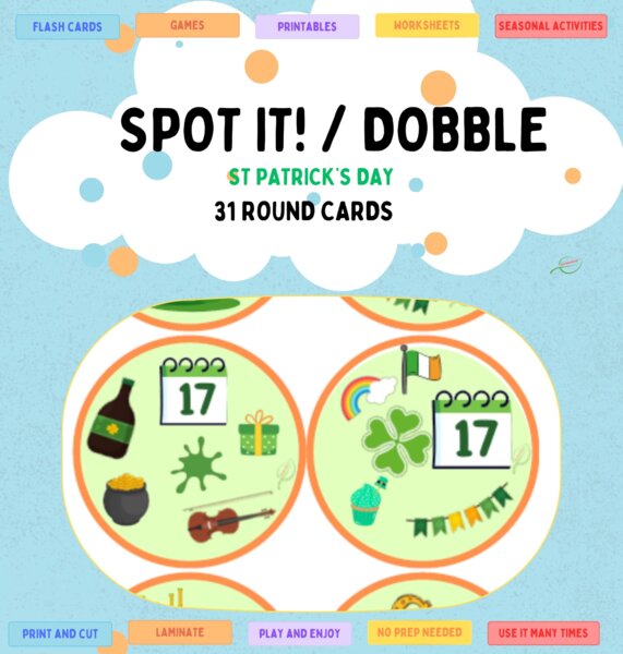 Dzień Świetego Patryka St Patrick's Day Dobble/ Spot it/ Match it! 17 marzec. Rozgrzewka językowa, dobre dla SPE