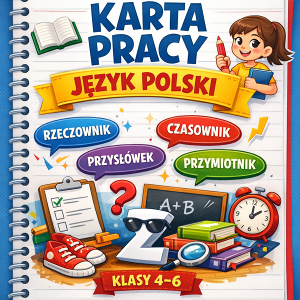 Karta pracy - części mowy (4-6), czasownik, przymiotnik, rzeczownik, przysłówek