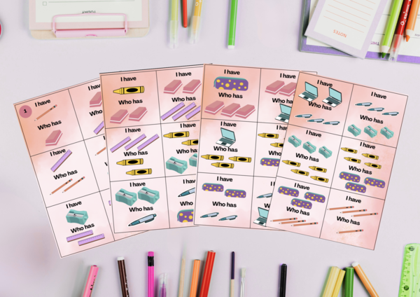 I have/ Who has - liczba pojedyńcza i mnoga rzeczowników - przybory szkolne