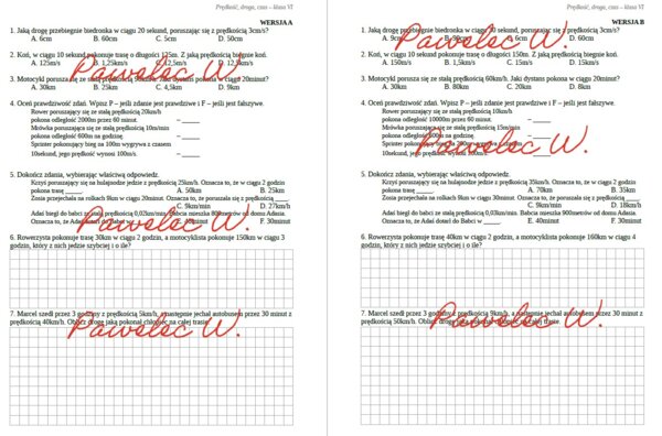 PRĘDKOŚĆ, DROGA, CZAS - karty pracy, sprawdzian, kartkówka - II wersje/grupy + odpowiedzi - kl. 6