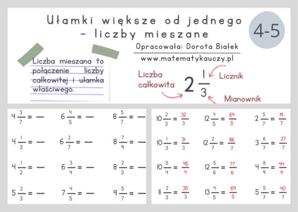 Zamiana liczb mieszanych na ułamki niewłaściwe PDF / KARTY PRACY kl.4 – kl.5 PDF + ROZWIĄZANIA