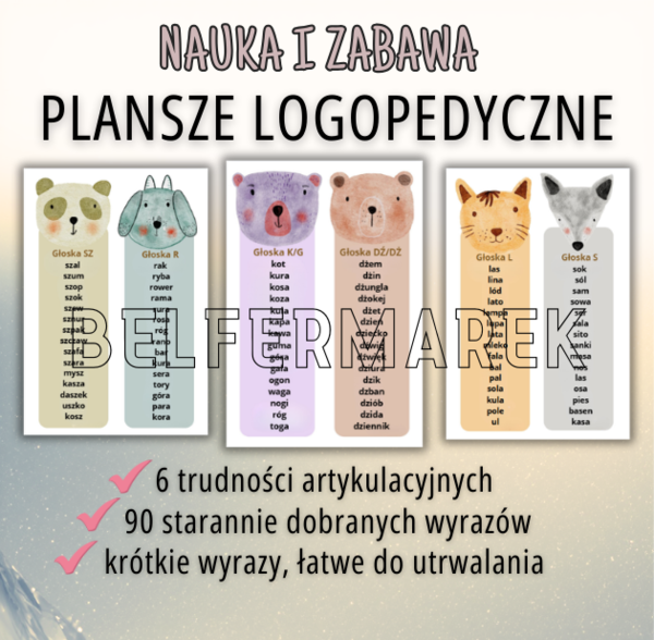 PLANSZE LOGOPEDYCZNE utrwalanie głosek, ćwiczenia artykulacyjne 90 wyrazów