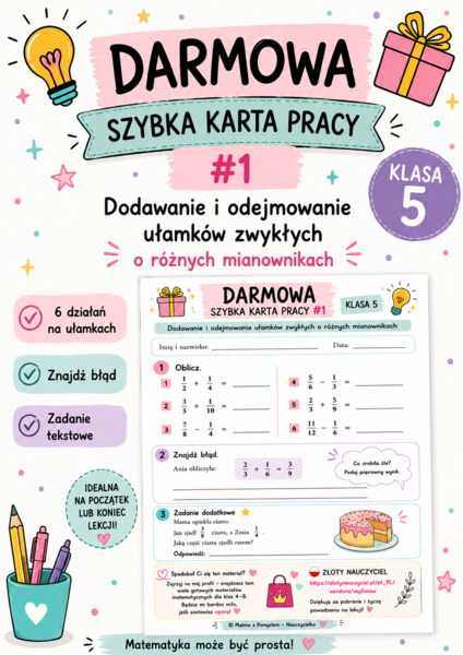 DARMOWA Karta Pracy #1 – Dodawanie i odejmowanie ułamków zwykłych o różnych mianownikach | Klasa 5 | PDF