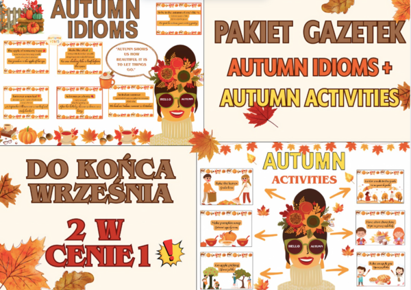 🍂 PAKIET GAZETEK „AUTUMN IDIOMS + AUTUMN ACTIVITIES” 🍂2 w cenie 1 | duży plakat Pani Jesieni|3 dodatkowe grafiki-niespodzianki| Wiele możliwości aranżacjiEdukacyjna i kolorowa dekoracja do klasy i nie tylko