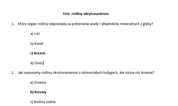 Test- rośliny okrytonasienne
