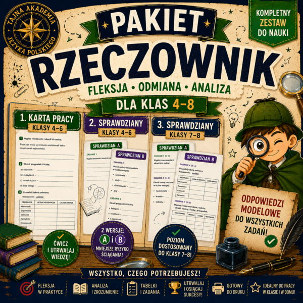 Rzeczownik – MEGA PAKIET kl. 4–8 | karta pracy + sprawdziany A i B + odpowiedzi
