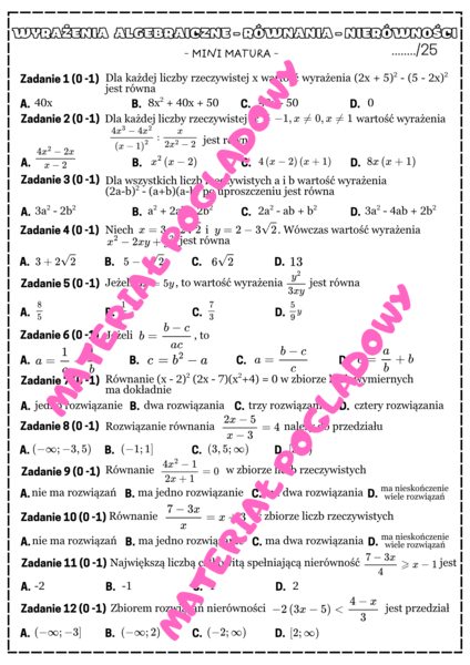 Mini matura. Matematyka - wyrażenia algebraiczne, równania, nierówności.
