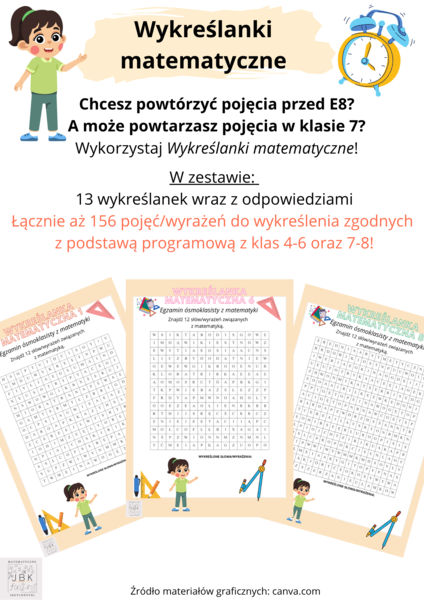 Wykreślanki matematyczne - E8 - aż 156 pojęć/wyrażeń do wykreślenia
