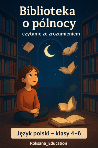 📚🌙 Biblioteka o północy – 15 zadań z języka polskiego ✨ Karta pracy z języka polskiego – klasy 4–6