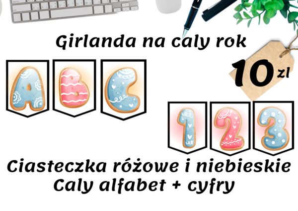 Girlanda na cały rok - Ciasteczka - litery i cyfry - różowe oraz niebieskie