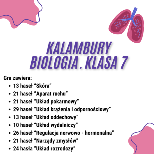 Biologia. Klasa 7. Kalambury. Gra edukacyjna. 178 haseł/pojęć dotyczących wszystkich układów narządów.