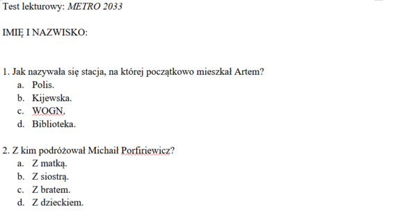 Test lekturowy Metro 2033