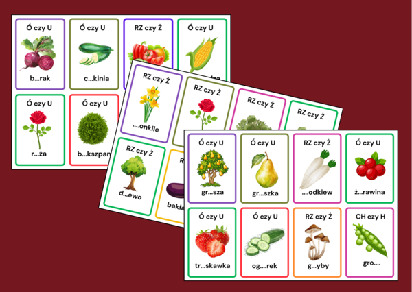 KARTY ORTOGRAFICZNE - warzywa - owoce - rośliny - ORTOGRAFIA - 48 szt. - DZIEŃ OWOCÓW I WARZYW