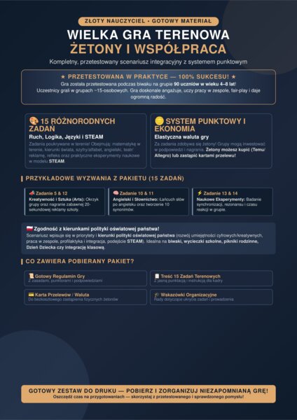 Wielka Gra Terenowa (15 zadań) + Regulamin + Karta Przelewów | Integracja, STEAM, Biwak