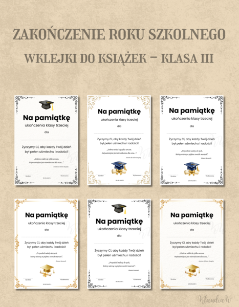 Wklejki do książek na zakończenie roku - klasa 3