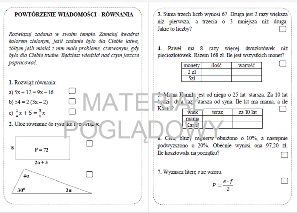 Karta pracy - rozwiązywanie równań. Równania klasa 7, 8