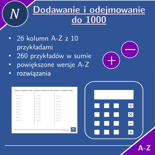 Dodawanie i odejmowanie do 1000 | matematyka | 26 kolumn