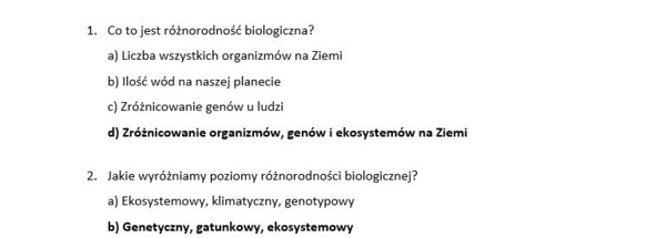 Test- zagrożenia różnorodności biologicznej