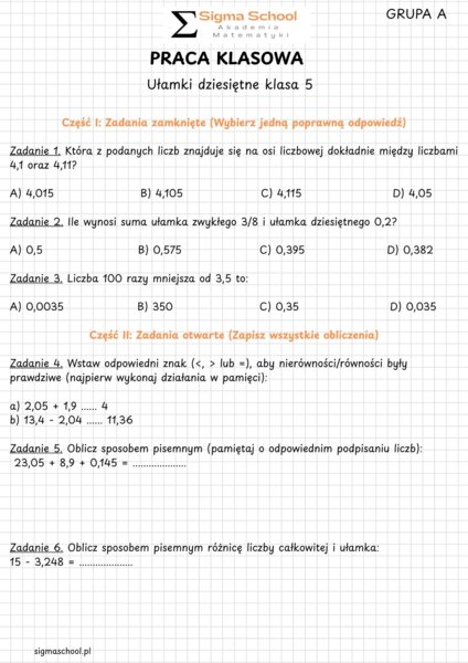 Sprawdzian: Ułamki dziesiętne - Klasa 5 (Grupa A i B + Klucz odpowiedzi)