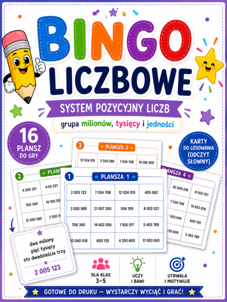 Bingo liczbowe – system pozycyjny liczb | grupa milionów, tysięcy i jedności | 16 plansz + karty do losowania | klasy 3–5