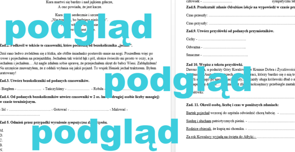 Części mowy - sprawdzian, karta pracy, klasa 4, 5, 6