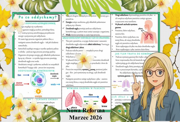Sketchnotka/notatka - dla ucznia i przypomnienie dla nauczyciela w pdf. Temat "Po co oddychamy?". Przyroda 4. "Odkrywam przyrodę" zgodna z wydawnictwem Nowa Era. Dział "Jak działa moje ciało?".