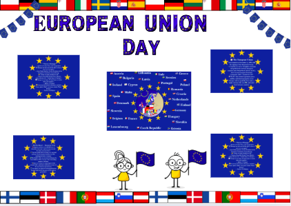 🇪🇺 Gazetka na European Union Day – interesujące ciekawostki o UE i zestaw dekoracji (banery, girlandy, postacie)