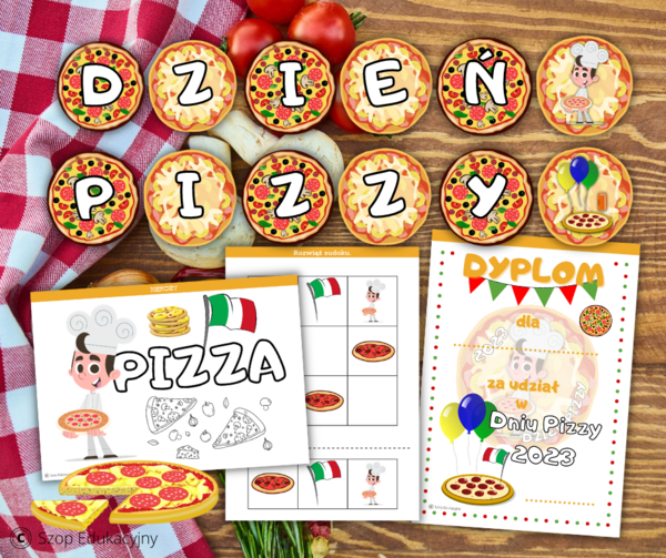 Dzień Pizzy. Girlanda. Zadania. Dyplom. Przypinki. Bingo