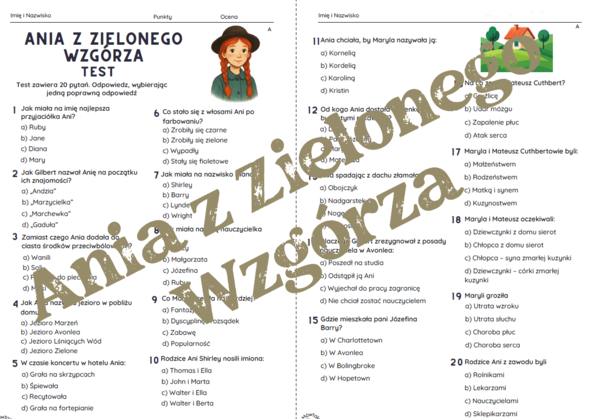 "Ania z Zielonego Wzgórza" - test znajomości lektury