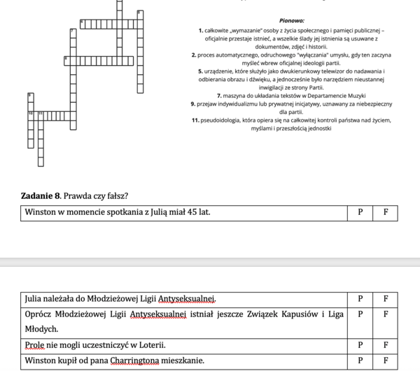 George Orwell - Rok 1984 - karty pracy z treści