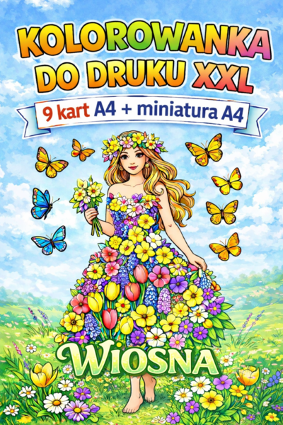 PANI WIOSNA - kolorowanka XXL do druku 9xA4 + miniatura A4; plakat; dekoracja; świetlica