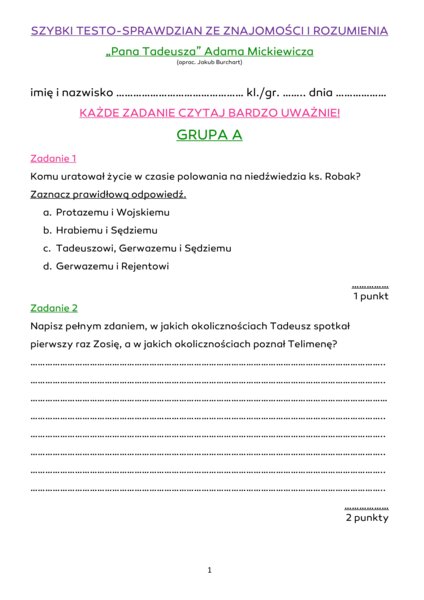 "Pan Tadeusz" Adama Mickiewicza, SZYBKI TESTO-SPRAWDZIAN