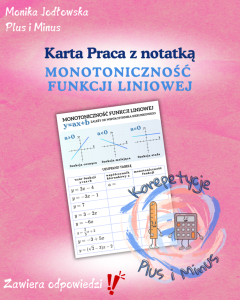 Monotoniczność funkcji liniowej - karta pracy z notatką