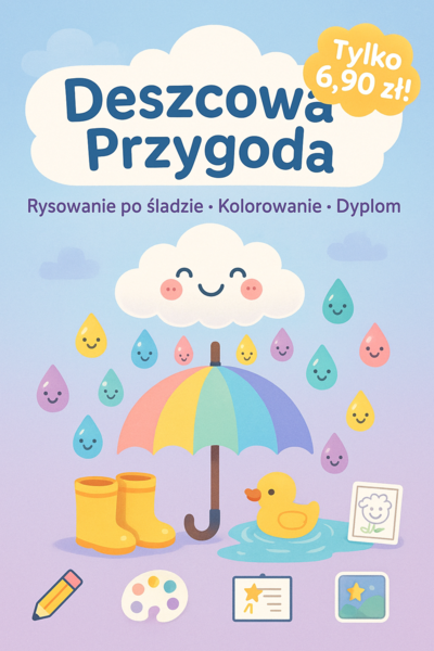 Rysowanie po śladzie: krople deszczu, chmurki, kalosze, parasole