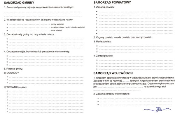 Samorząd gminny, powiatowy i wojewódzki (karta pracy)