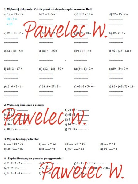 Kolejność wykonywania działań, dzielenie z resztą, potęgowanie - karta pracy, kl. 5