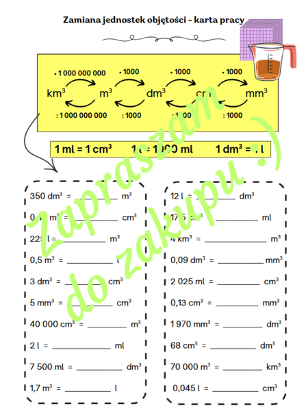 Zamiana jednostek objętości - karta pracy/kartkówka z odpowiedziami.