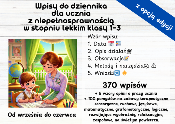 Wpisy do dziennika dla ucznia z niepełnosprawnością w stopniu lekkim klasy 1-3!