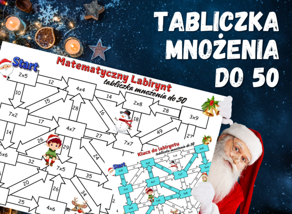 MATEMATYCZNY LABIRYNT - tabliczka mnożenia do 50, klasa 3, Boże Narodzenie, Święta, Mikołajki, zima