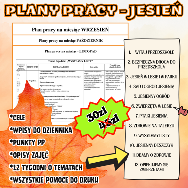 PLANY PRACY -JESIEŃ (plany do edycji z wpisami do dziennika, celami, punktami PP, materiałami do druku)