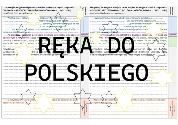 Karta pracy usprawniająca redagowanie rozprawki: "Człowiek jest stworzony do życia wśród innych ludzi". Elementy retoryczne. "Opowieść wigilijna". "Dziady" cz. II.