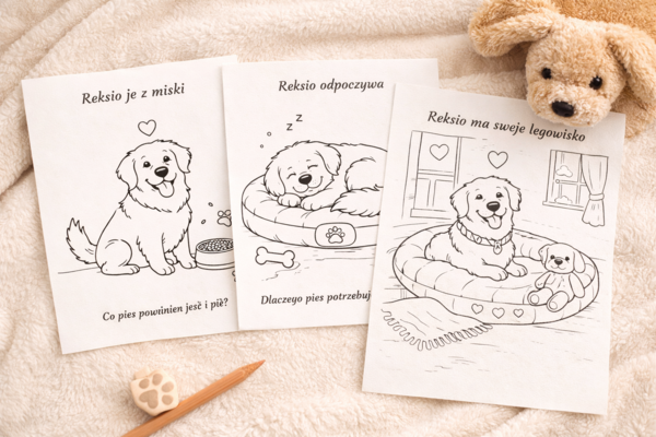 Kolorowanka: Reksio w domu i w ogrodzie