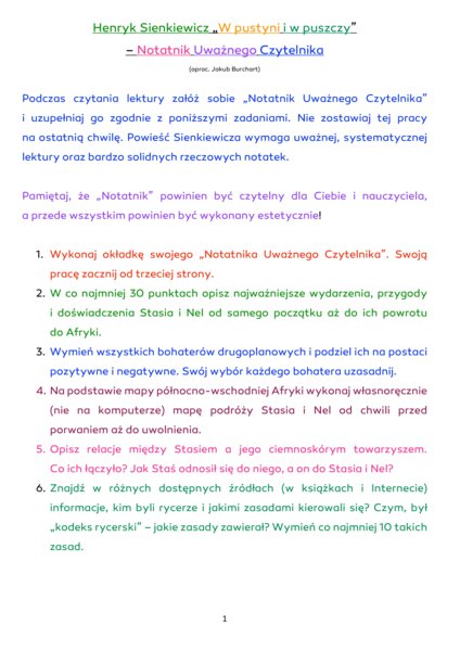 "W pustyni i puszczy" - zagadnienia do Notatnika Uważnego Czytelnika