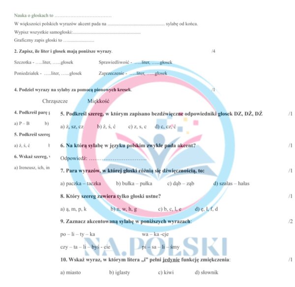 Sprawdzian z fonetyki - klasa 6